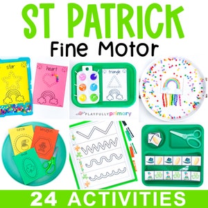 May include: A collection of St. Patrick's Day fine motor activities. The image features various colorful learning tools, including trays, cards with shapes, and scissors. Text includes "ST PATRICK", "Fine Motor", and "24 ACTIVITIES".