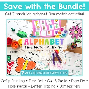 Alphabet Fine Motor Activities Bundle with seven A–Z preschool and kindergarten activities including cut and paste, tear art, dot markers, tracing, hole punch, push pin, and Q-tip painting.