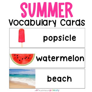 Palabras de vocabulario de verano con imágenes, tarjetas didácticas de vocabulario de verano para la escuela en el hogar, tarjetas ilustradas de vocabulario de verano Montessori para jardín de infantes y prekínder