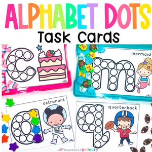 May include: Four alphabet dot task cards with different letters and illustrations. The letters are C, M, Q, and A. The illustrations are a cake, a mermaid, a quarterback, and an astronaut.