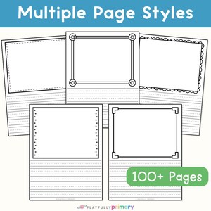 Five first grade writing paper page styles with decorative picture boxes and primary lined writing spaces from a printable set of more than 100 pages.