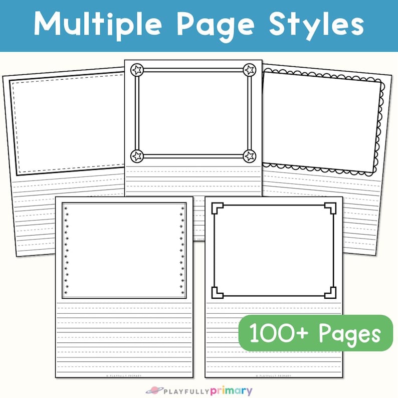 Five first grade writing paper page styles with decorative picture boxes and primary lined writing spaces from a printable set of more than 100 pages.