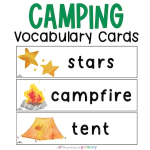 Tarjetas de vocabulario de estudio de la unidad de camping, actividades de camping para niños, aula temática de camping, jardín de infantes + camping temático imprimible