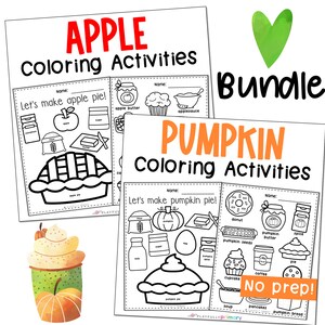May include: Two printable coloring activity sheets labeled "APPLE Coloring Activities" and "PUMPKIN Coloring Activities" with illustrations of apple pie and pumpkin pie ingredients. A green heart and the word "Bundle" are above the sheets. A watercolor image of a pumpkin spice latte is in the lower left.