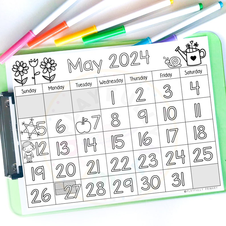 May Calendar 2024 Printable Calendar Tracing Worksheets Kids Etsy