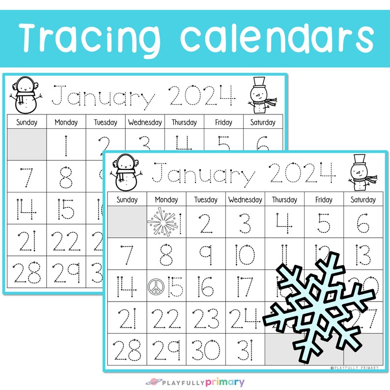 January Calendar 2024 Printable Calendar Tracing Worksheets Etsy