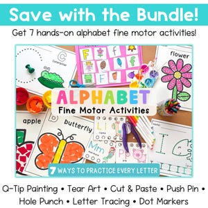 Alphabet Fine Motor Activities Bundle with seven A–Z preschool and kindergarten activities including cut and paste, tear art, dot markers, tracing, hole punch, push pin, and Q-tip painting.