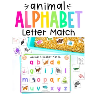 Cartas de correspondência de alfabeto de animais, jogo de correspondência de alfabeto, reconhecimento de letras pré-escolares, cartas de sons iniciais de correspondência de letras, rastreamento de alfabeto