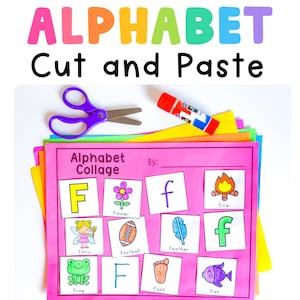Alphabet Cut and Paste collage for letter F with uppercase and lowercase letters, beginning sound pictures, scissors, glue, and colorful paper for preschool and kindergarten.