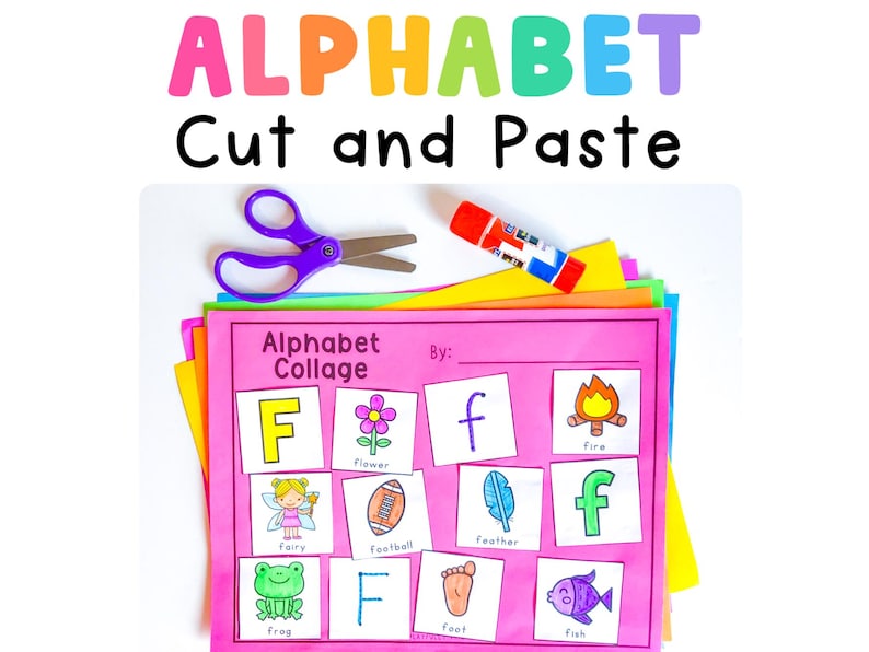 Alphabet Cut and Paste collage for letter F with uppercase and lowercase letters, beginning sound pictures, scissors, glue, and colorful paper for preschool and kindergarten.
