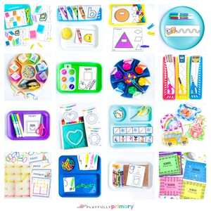 May include: A collection of colorful trays with various learning activities for preschoolers. The trays include activities like shape recognition, counting, letter identification, and fine motor skills development. The trays are perfect for a classroom or home learning environment.