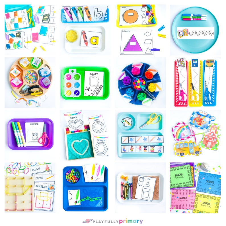 May include: A collection of colorful trays with various learning activities for preschoolers. The trays include activities like shape recognition, counting, letter identification, and fine motor skills development. The trays are perfect for a classroom or home learning environment.