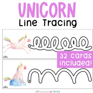 May include: A printable set of 32 unicorn line tracing cards. The cards feature a unicorn with a rainbow mane and tail. The unicorn is shown in two different poses, one running and one sitting on a cloud. Each card has a line tracing path for children to follow.