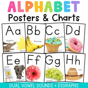 Classroom Alphabet Posters, Preschool, Kindergarten, and Elementary Classroom Decor, ABC Posters Dual Vowel Sounds and Digraphs (Digital Download)
