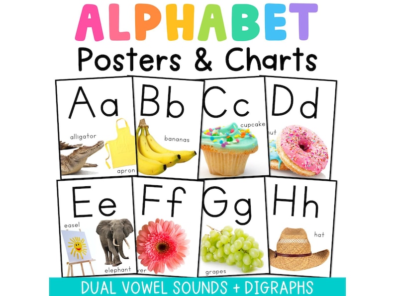 Classroom Alphabet Posters, Preschool, Kindergarten, and Elementary Classroom Decor, ABC Posters Dual Vowel Sounds and Digraphs (Digital Download)