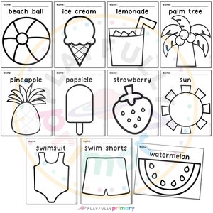 May include: Black and white line drawings of summer-themed items on white cards. Includes a beach ball, ice cream cone, lemonade, palm tree, pineapple, popsicle, strawberry, sun, swimsuit, swim shorts, and watermelon. Text labels each item.