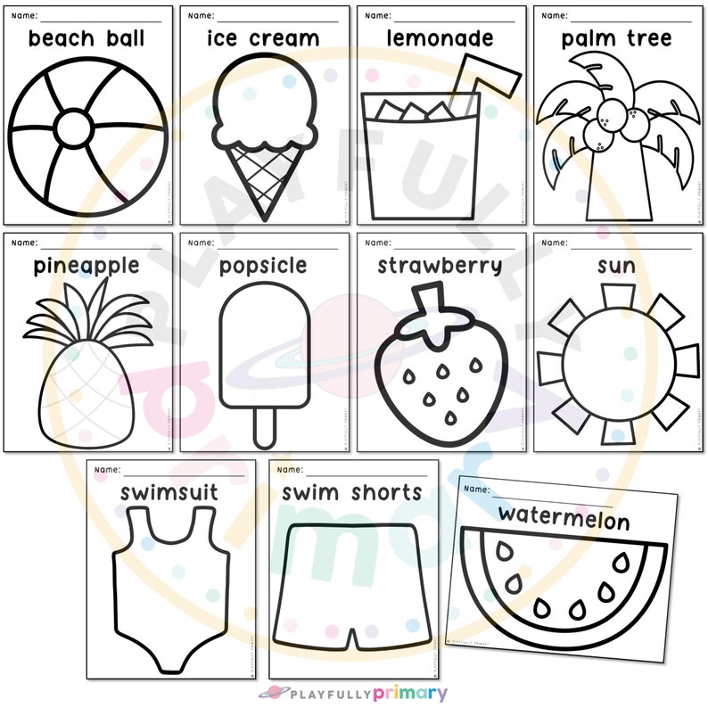 May include: Black and white line drawings of summer-themed items on white cards. Includes a beach ball, ice cream cone, lemonade, palm tree, pineapple, popsicle, strawberry, sun, swimsuit, swim shorts, and watermelon. Text labels each item.