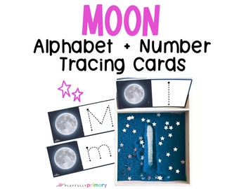 Outer Space Unit Study Activity, Moon Solar System Printable, Sensory Writing Tray Cards, Alphabet + Number Tracing Cards