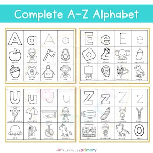 A–Z Alphabet Cut and Paste activity pages showing uppercase and lowercase letters, letter formation arrows, and beginning sound picture cards for preschool, pre-K, and kindergarten phonics practice.