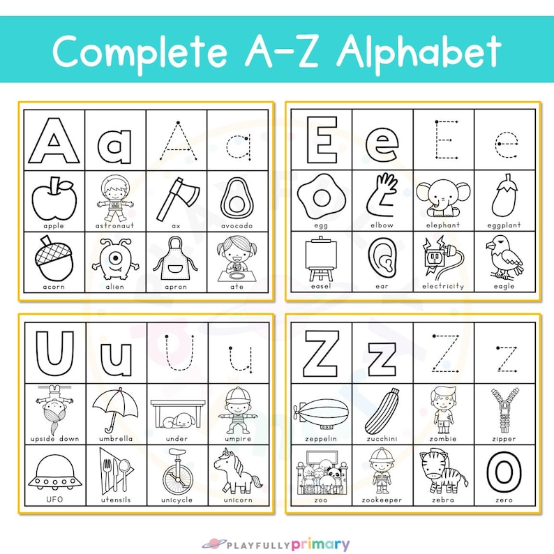 A–Z Alphabet Cut and Paste activity pages showing uppercase and lowercase letters, letter formation arrows, and beginning sound picture cards for preschool, pre-K, and kindergarten phonics practice.