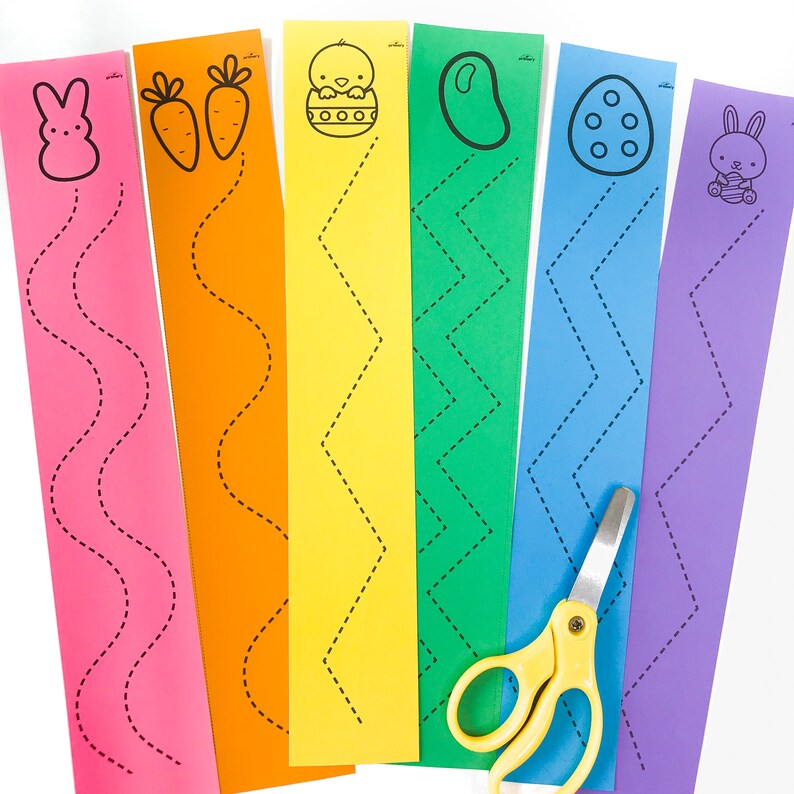 Easter scissor practice activities for preschool kindergarten Easter bunny cutting activity Easter scissor skills practice Montessori scissor strips Easter fine motor activities for preschool prek kindergarten homeschool