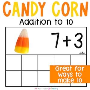 Candy Corn Ten Frame Addition to 10, Halloween Mini Eraser Math