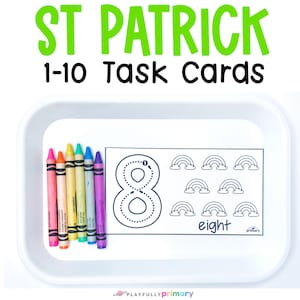 May include: A white tray with a number 8 tracing sheet, eight rainbow images, and the word "eight" written below. The tray also contains a set of eight crayons in rainbow colors.