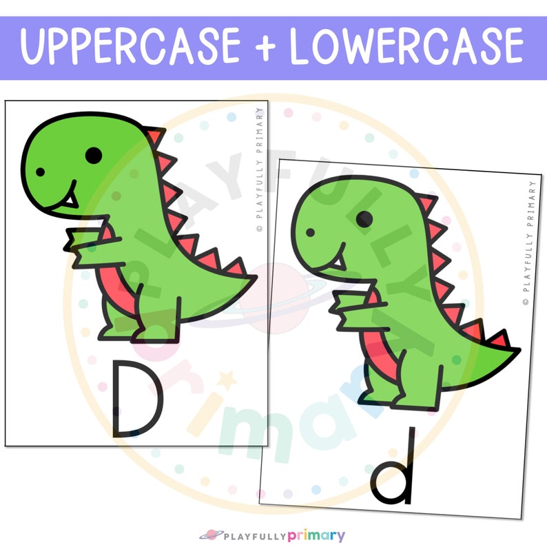 May include: Two flashcards featuring a green dinosaur with red spikes. The first card shows the uppercase letter "D" and the second card shows the lowercase letter "d".