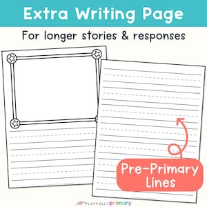 Preschool writing paper with a coordinating extra lined page for longer stories and responses using large pre-primary handwriting lines.