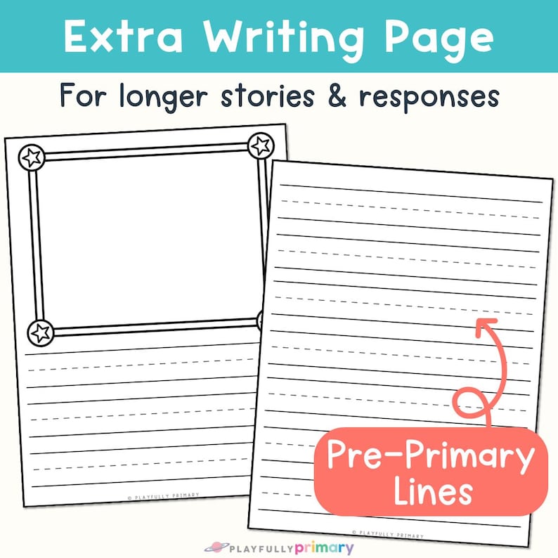 Preschool writing paper with a coordinating extra lined page for longer stories and responses using large pre-primary handwriting lines.