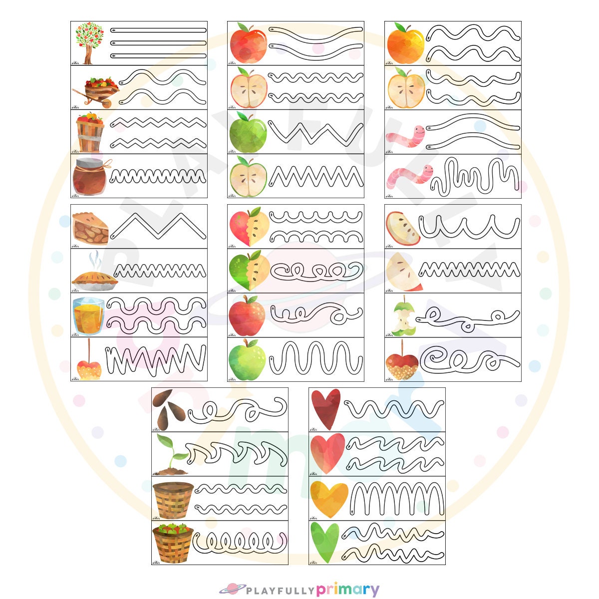 Apple Line Tracing Practice Cards, Apple Tracing Printables, Printable