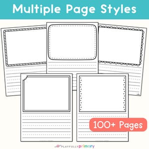 Five preschool writing paper page styles with decorative picture boxes and large lined writing spaces from a printable set of more than 100 pages.