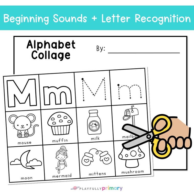 Alphabet Cut and Paste printable showing letter M cards, letter formation practice, and beginning sound pictures including mouse, muffin, milk, mailbox, moon, mermaid, mittens, and mushroom.
