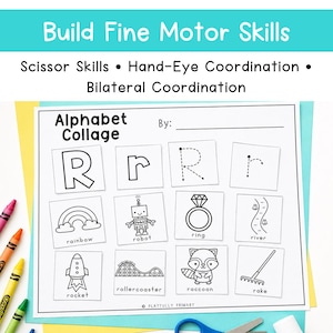 Alphabet Collage letter R cut and paste activity with letter formation cards and beginning sound pictures for practicing scissor skills, hand-eye coordination, and fine motor skills.