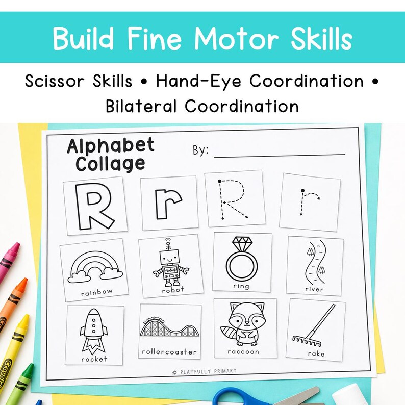 Alphabet Collage letter R cut and paste activity with letter formation cards and beginning sound pictures for practicing scissor skills, hand-eye coordination, and fine motor skills.