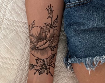 Temporary tattoo, Large floral realistic temp tattoo for women. Original art tattoo design