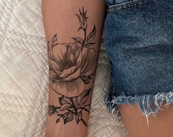 Temporary tattoo, Large floral realistic temp tattoo for women. Original art tattoo design