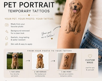 Tatuaje temporal personalizado con retrato de mascota – Tatuaje personalizado para perro o gato – Tatuaje temporal con foto – Regalo conmemorativo para mascotas – Resistente al agua y seguro para la piel