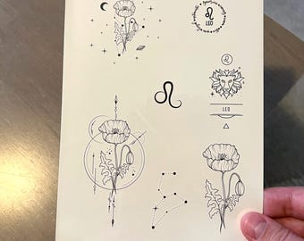Temporary tattoo, 7 Leo horoscope temp tattoos for women and men. Original art tattoo design