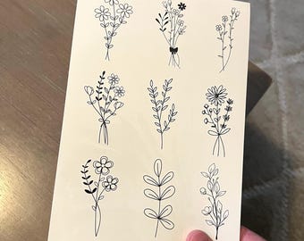 Temporary tattoo, 9 Wildflower realistic temp tattoos for women. Original art tattoo design