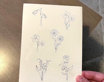 Birth Month Flower Temporary Tattoo Set, Original Art Design