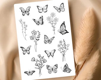 Wildflower & Butterfly Temporary Tattoos – 16 Realistic Floral Designs