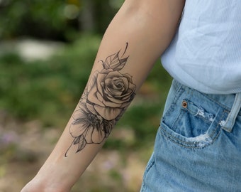 Temporary tattoo, Large floral realistic temp tattoo for women. Original art tattoo design