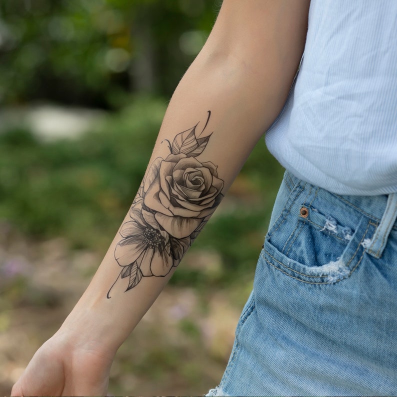 Temporary Tattoo Large Floral Temp Tattoos Realistic Black Etsy