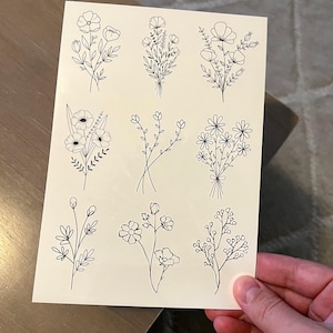 Temporary tattoo, 9 Wildflower realistic temp tattoos for women. Original art tattoo design