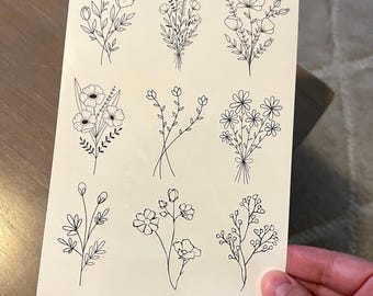 Temporary tattoo, 9 Wildflower realistic temp tattoos for women. Original art tattoo design