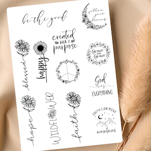 Floral & Script Temporary Tattoos – Handwritten Motivational Phrases – Minimalist Black Ink Tattoo Sheet for Women