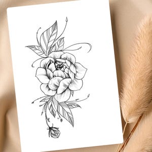 Large Floral Temporary Tattoo – Realistic Black Ink Flower Design – Elegant Fake Tattoo for Women – Original Art Body Art