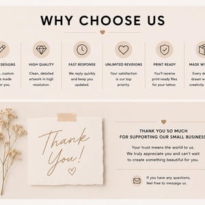 May include: A beige graphic with the text "WHY CHOOSE US" and icons representing unique designs, high quality, fast response, unlimited revisions, print-ready files, and made with care. A handwritten "Thank You!" note is also featured.
