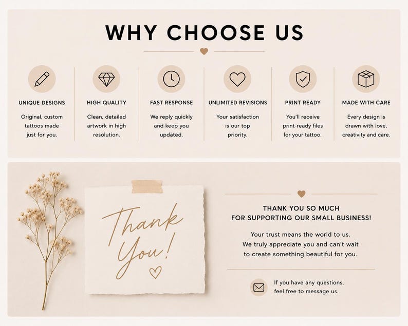 May include: A beige graphic with the text "WHY CHOOSE US" and icons representing unique designs, high quality, fast response, unlimited revisions, print-ready files, and made with care. A handwritten "Thank You!" note is also featured.